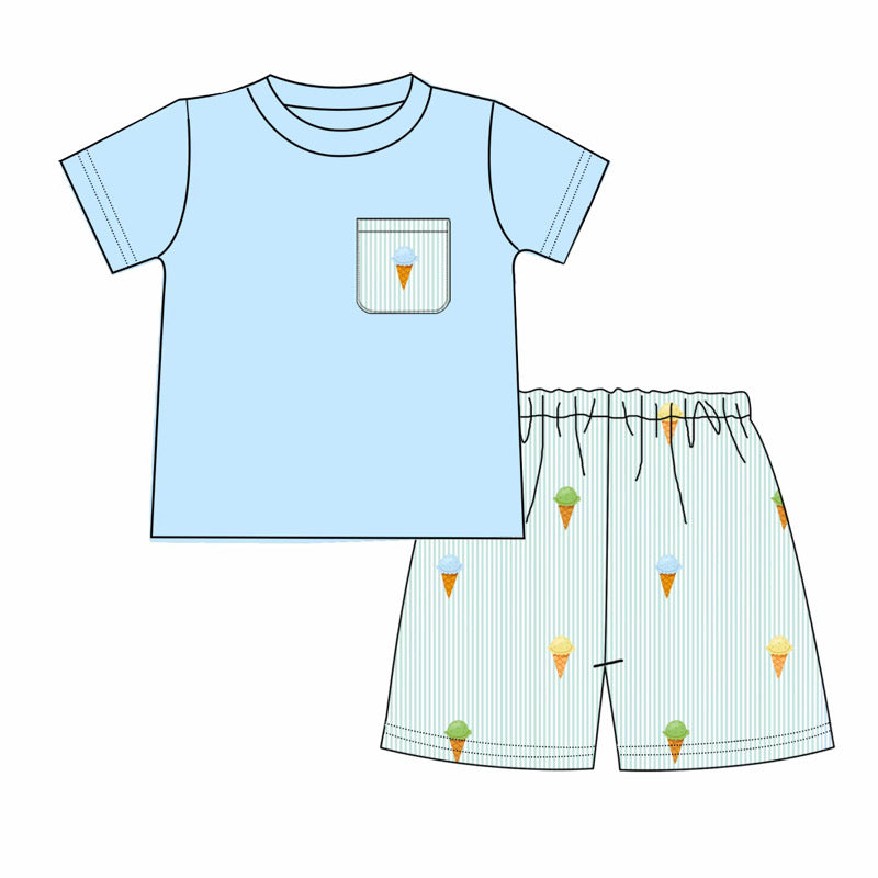 Ice Cream Embroidered Seersucker Shorts Set
