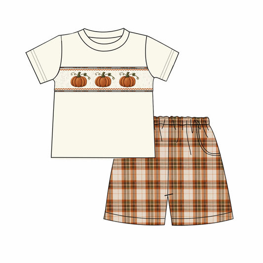 Fall Plaid Smocked Shorts Set