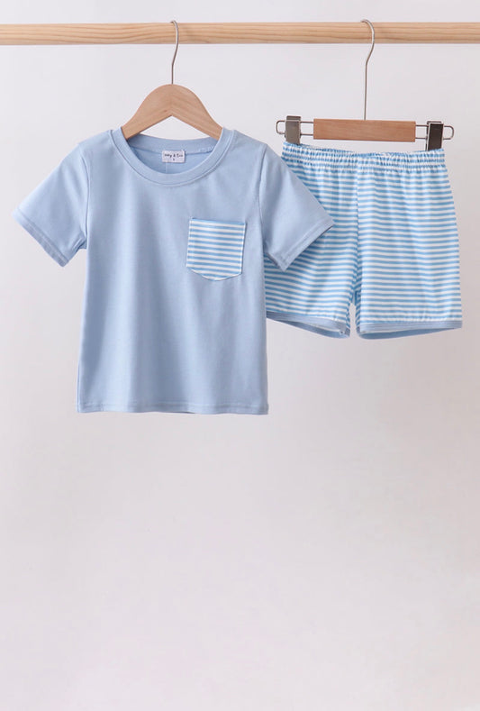 Blue Stripe Shorts Set