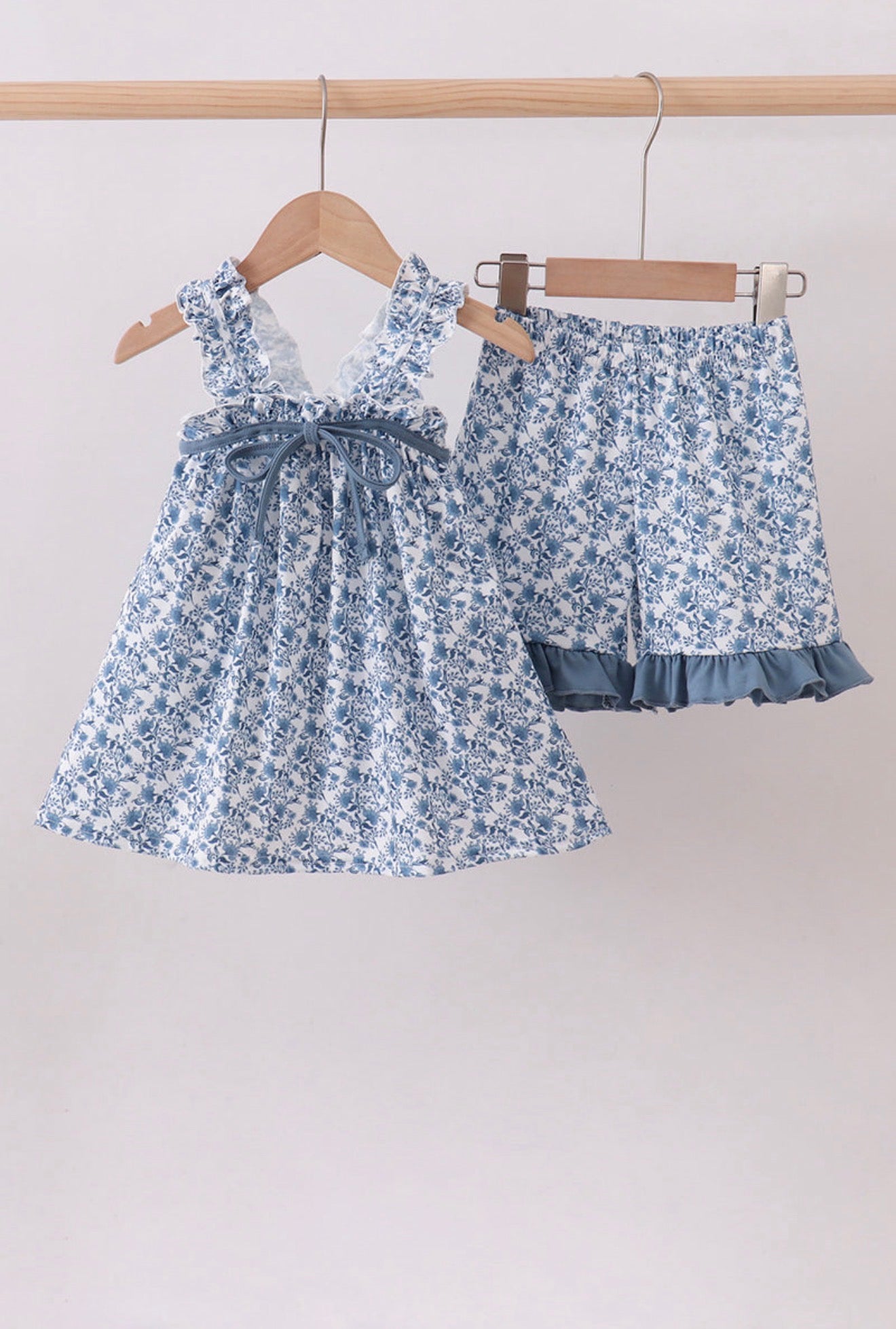 Blue Floral Ruffle Shorts Set