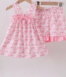 Pink Floral & Bow Ruffle Shorts Set