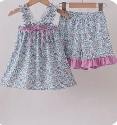 Blue & Purple Floral Ruffle Shorts Set