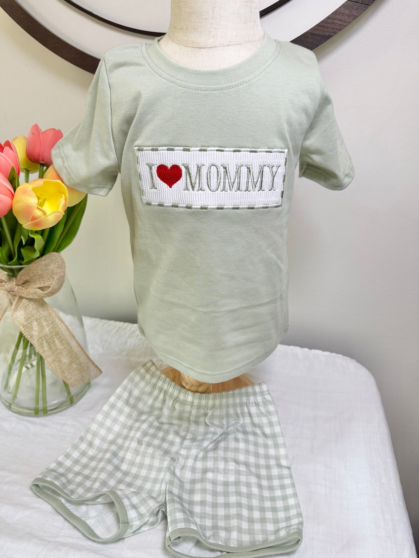 Green I Love Mommy Shorts Set