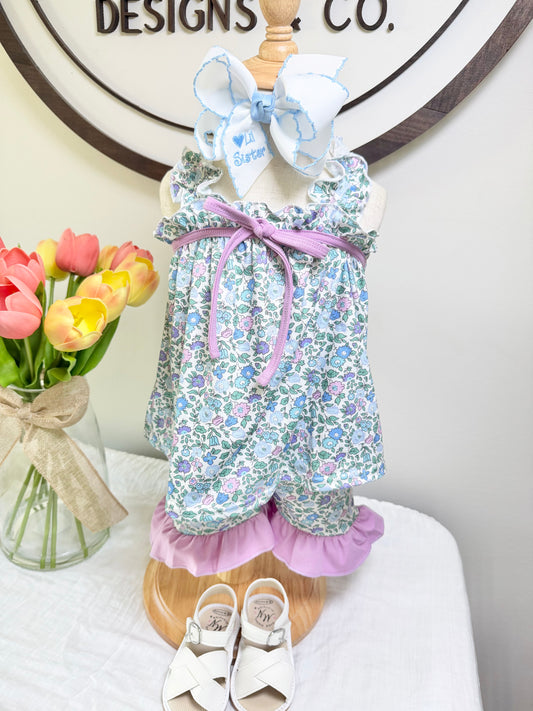 Blue & Purple Floral Ruffle Shorts Set