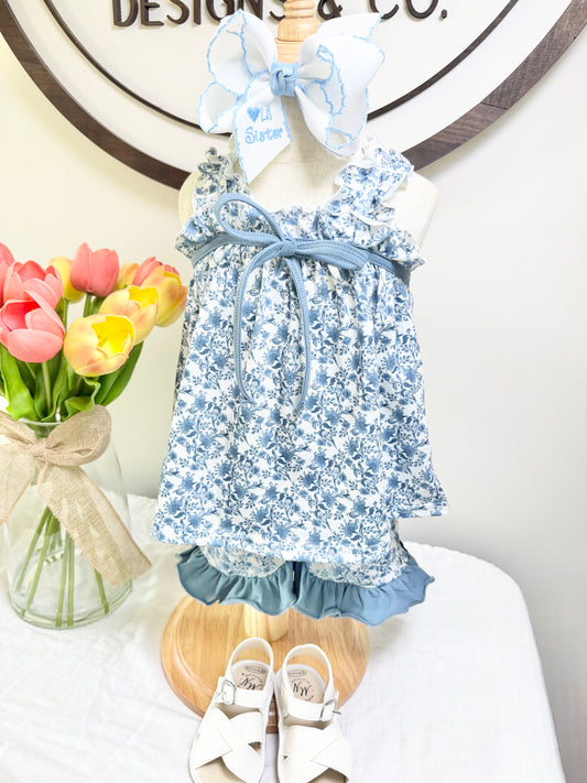 Blue Floral Ruffle Shorts Set