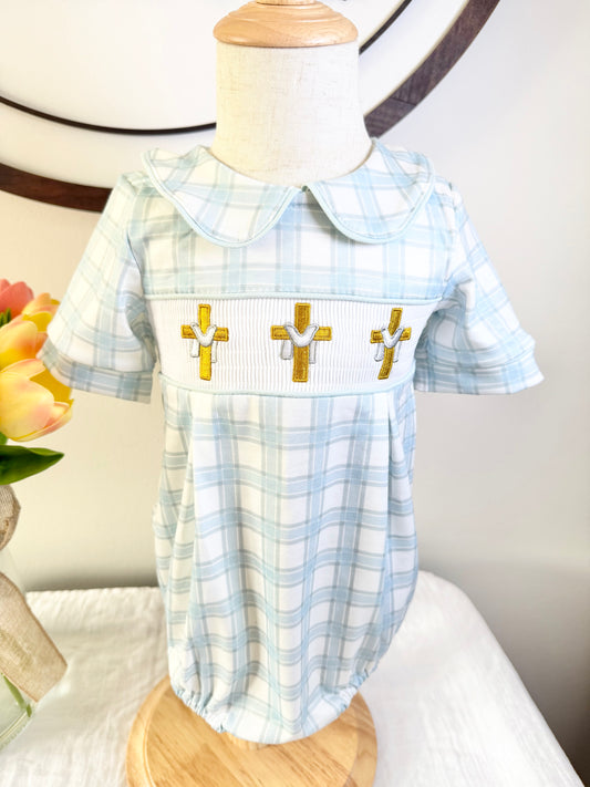 Cross Smocked Plaid Bubble