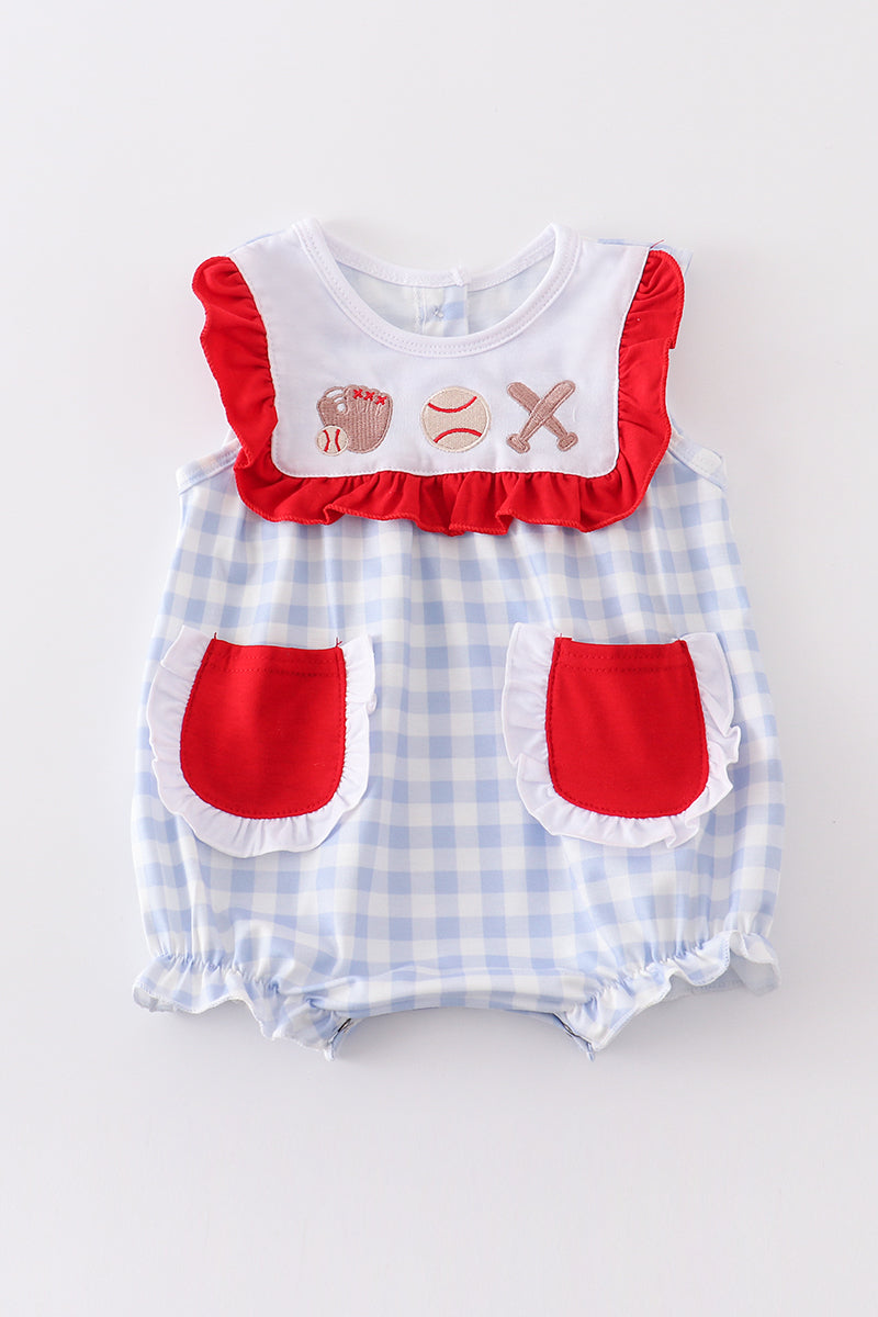 Blue plaid baseball embroidery girl bubble