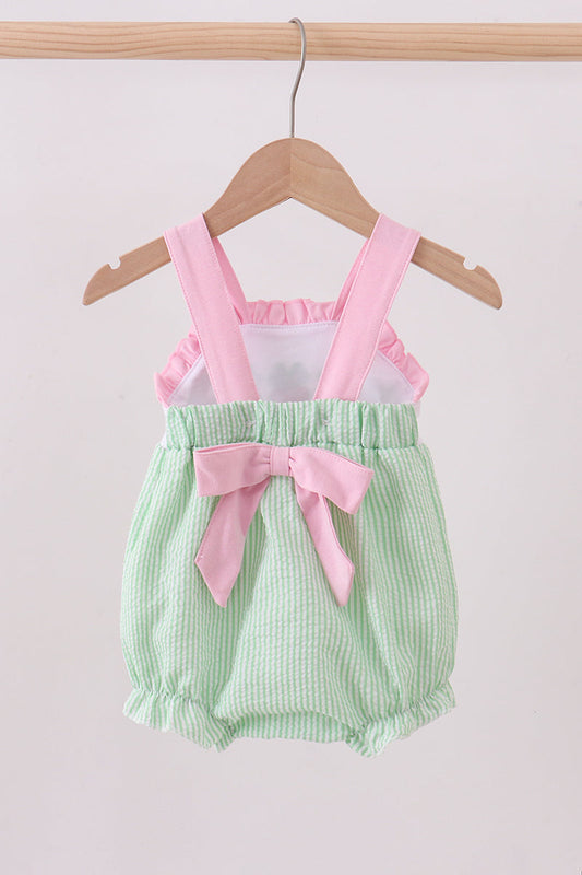 Green Clover Bow Embroidery Seersucker Bubble