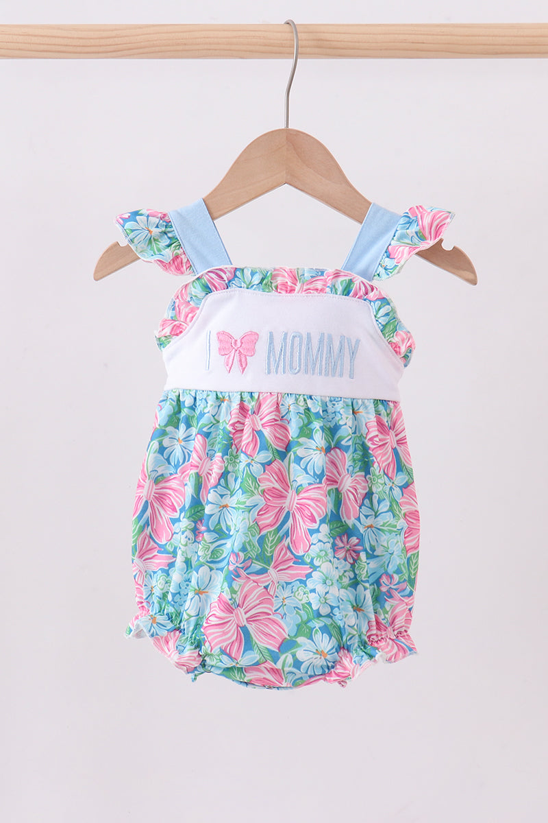 Blue I Love Mommy Embroidery Ruffle Bubble