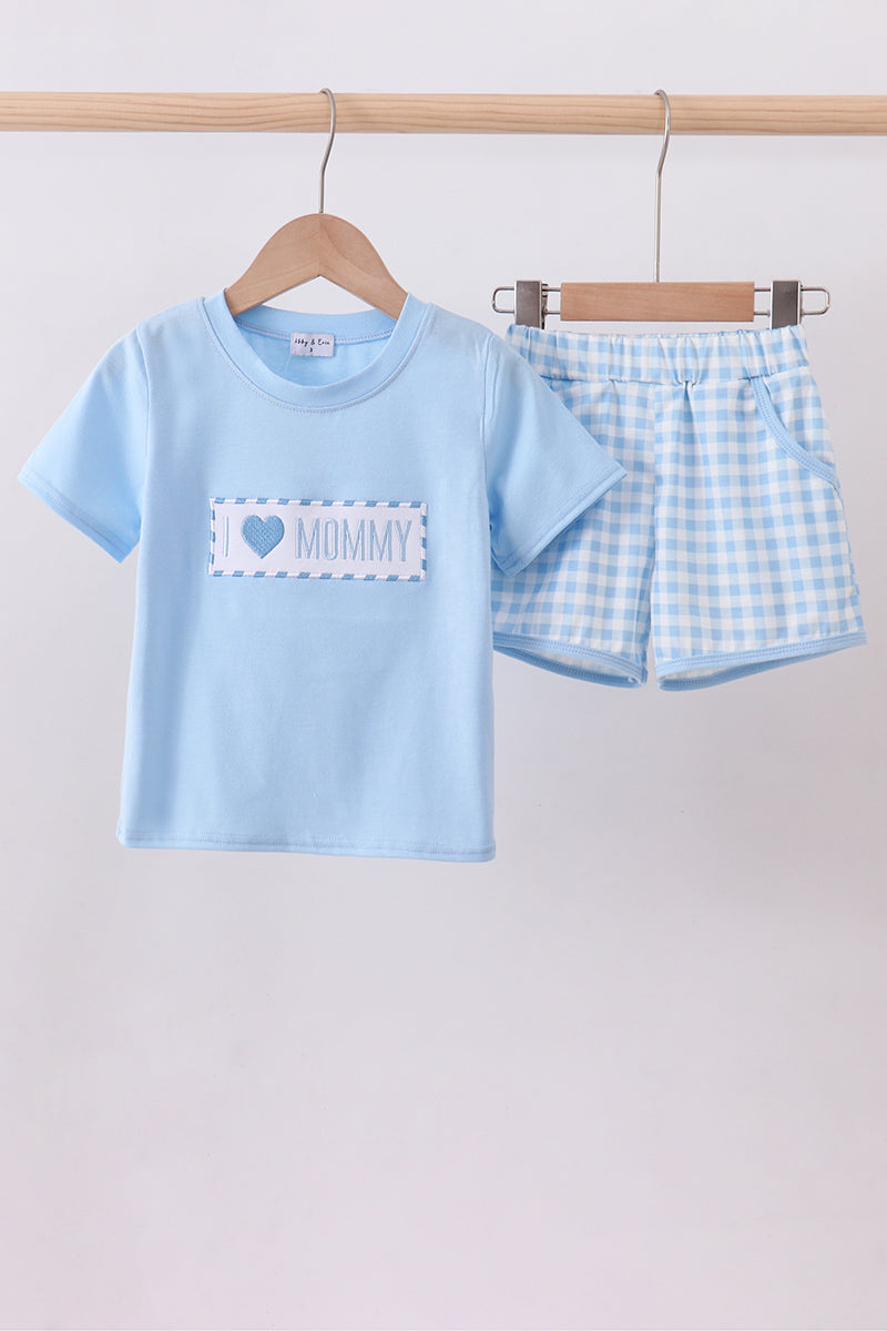 Blue I Love Mommy Embroidery Gingham Shorts Set