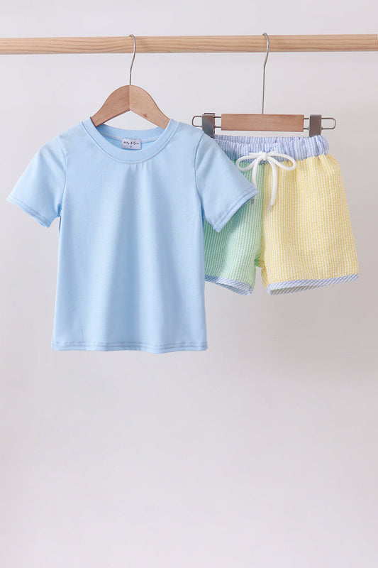 Seersucker Color Block Shorts Set