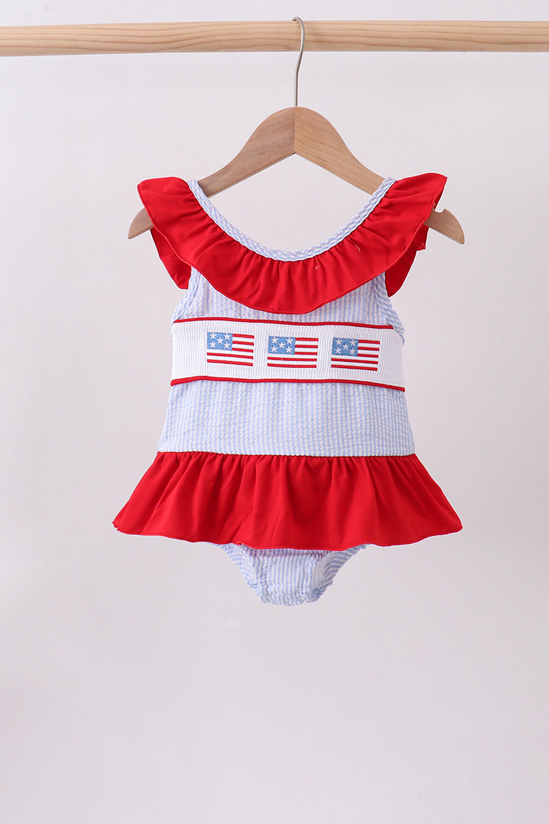Flag Smocked Seersucker Swimsuit