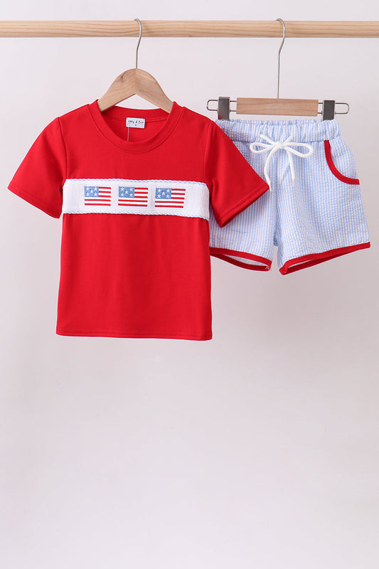 Flag Seersucker Smocked Shorts Set