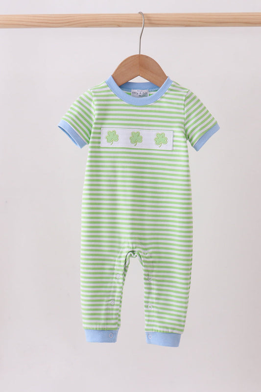 Green Clover Embroidery Stripe Romper