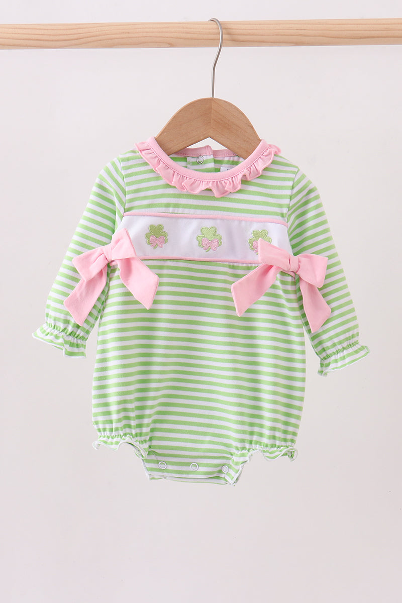 Green Clover Embroidery Stripe Bow Bubble