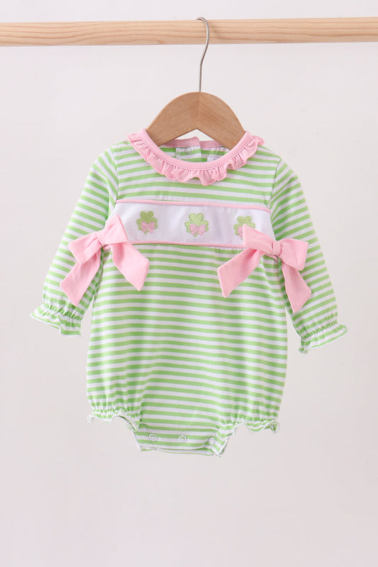 Green Clover Embroidery Stripe Bow Bubble