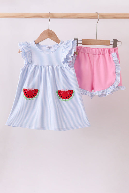 Blue Watermelon Stripe Ruffle Shorts Set