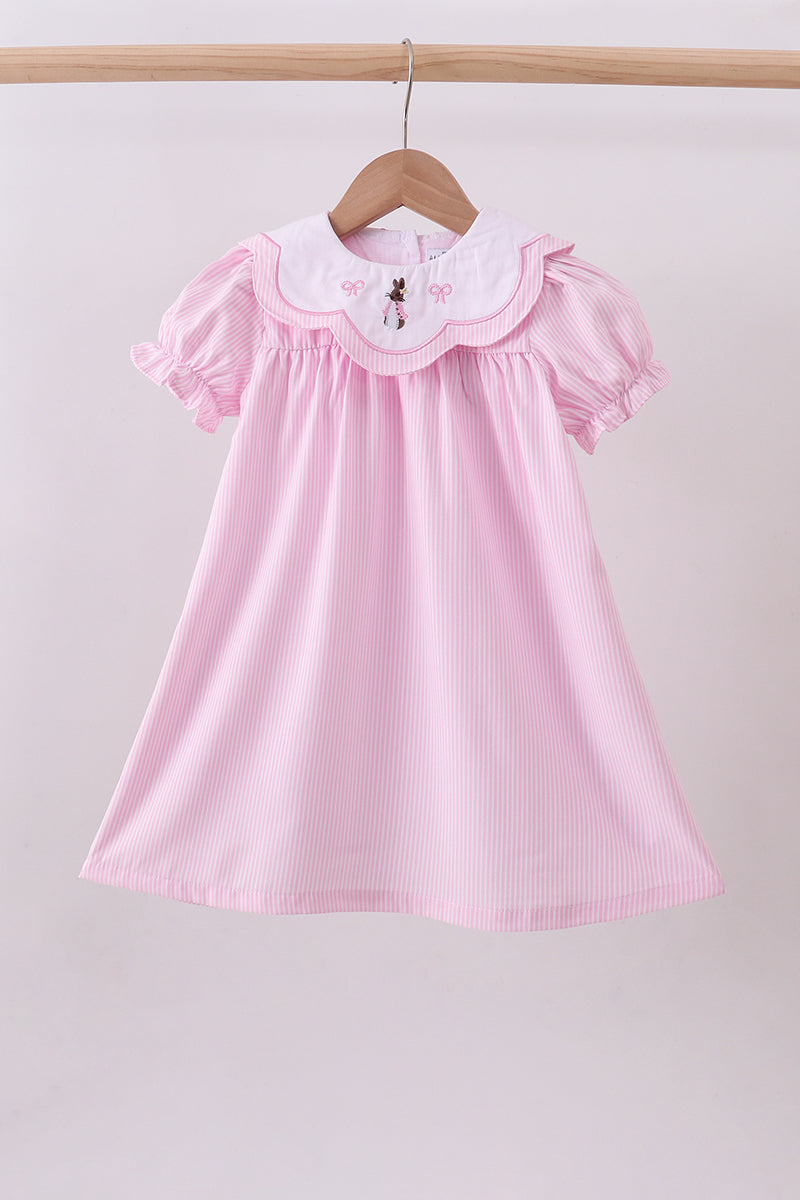 Pink Stripe Bunny Bow Embroidery Dress