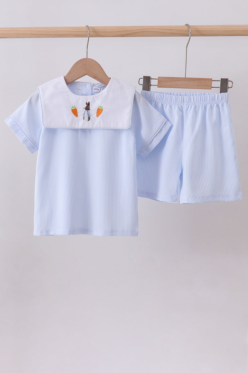 Blue Stripe Bunny Carrot Embroidery Shorts Set