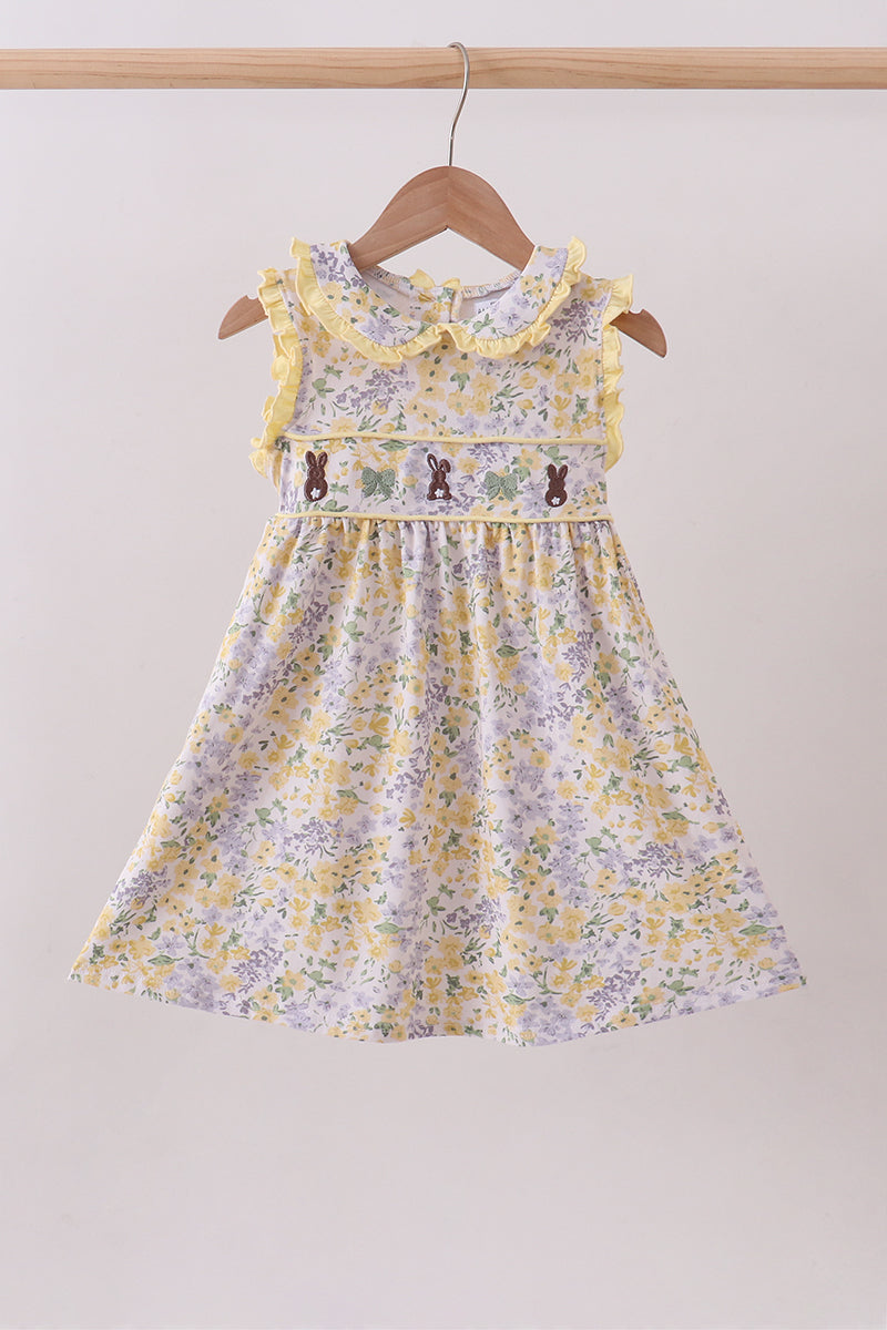 Floral Bunny Bow Embroidery Ruffle Dress