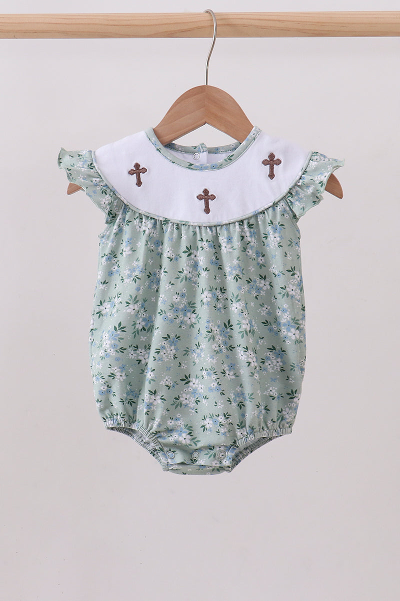 Sage Cross Embroidery Floral Ruffle Bubble