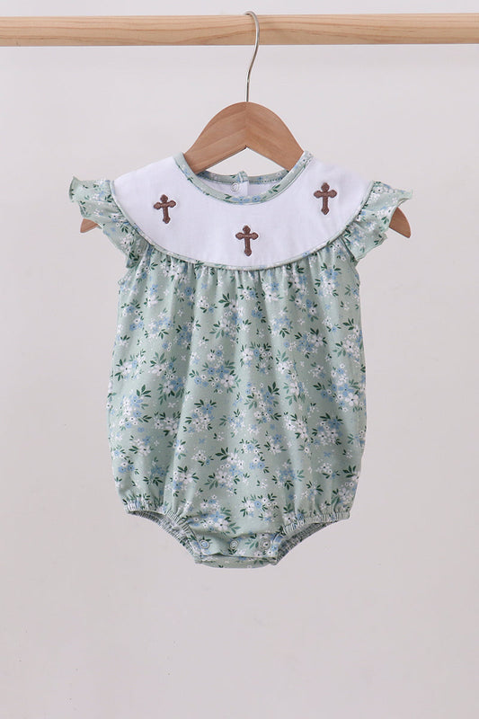 Sage Cross Embroidery Floral Ruffle Bubble