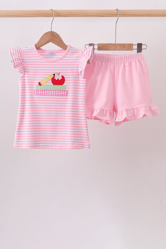Apple & Pencil Appliqué Ruffle Shorts Set