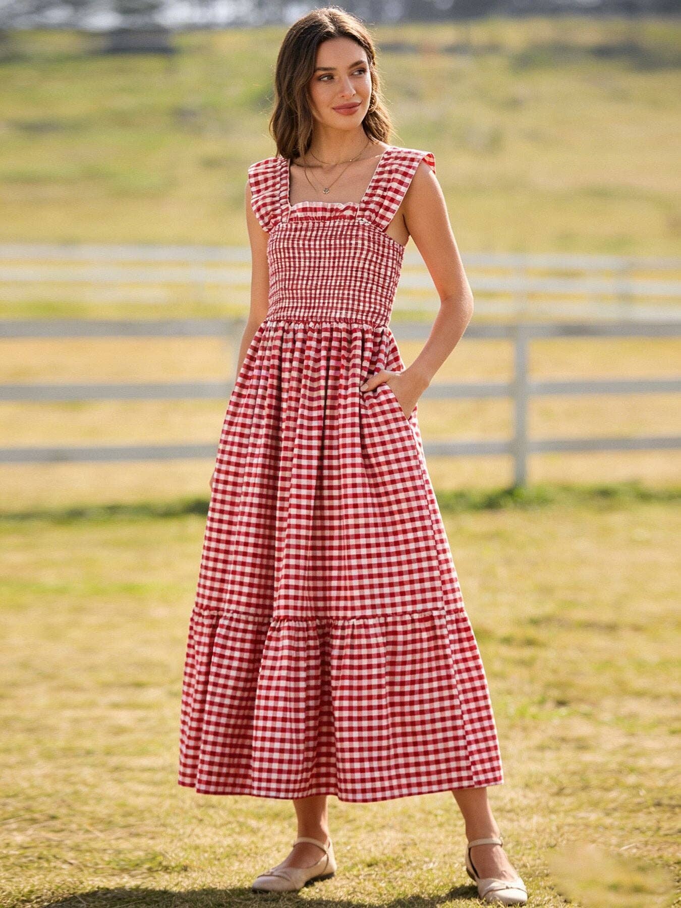 Red Gingham Sleeveless Adult Dress