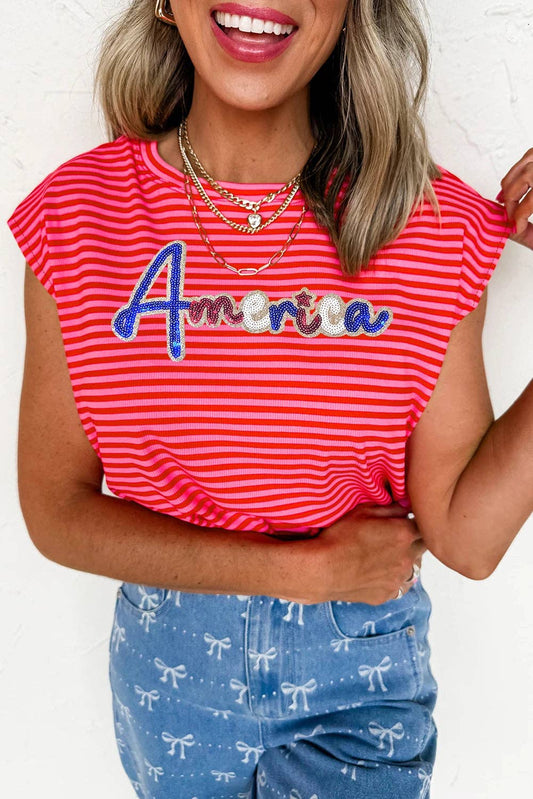 Red Stripe Sequin America Letter Patch Cap Sleeve Top