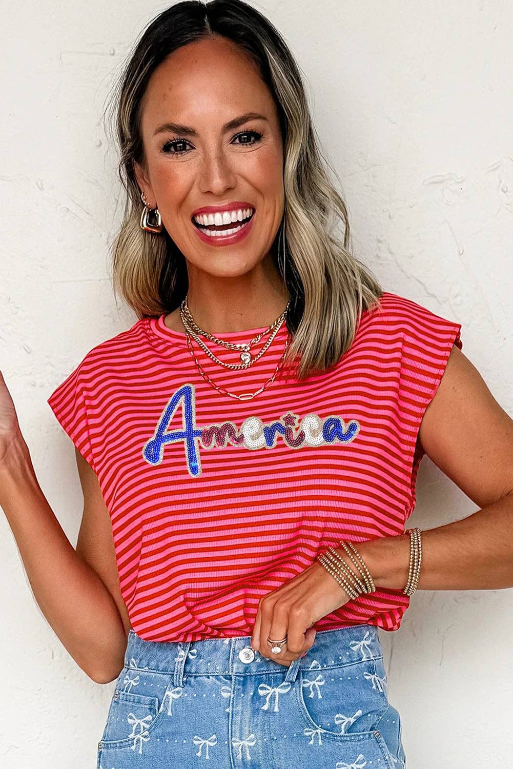 Red Stripe Sequin America Letter Patch Cap Sleeve Top