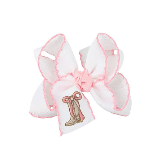 EMBROIDERED BOOT W/ BOW LIGHT PINK CROCHET EDGE HAIR BOW