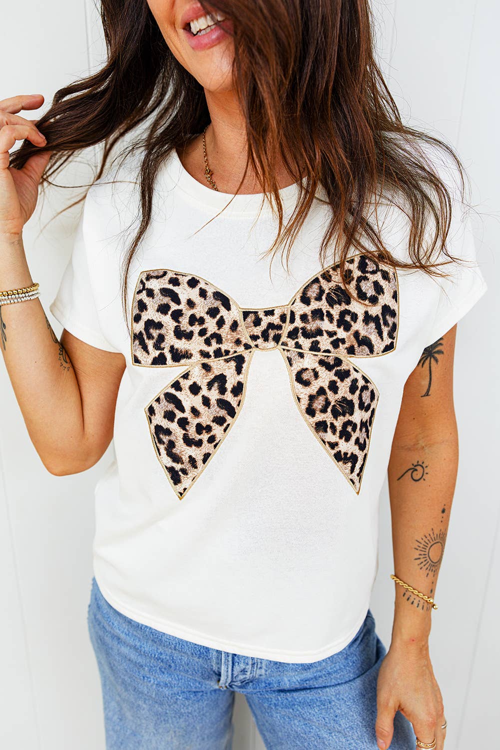 Leopard Bow Embroidered T-Shirt