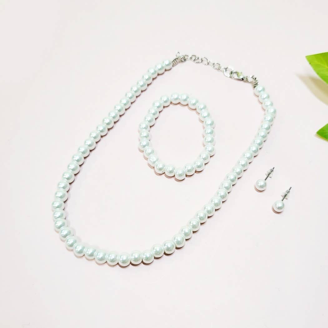 Kids Faux Pearl Necklace Bracelet Earrings Set