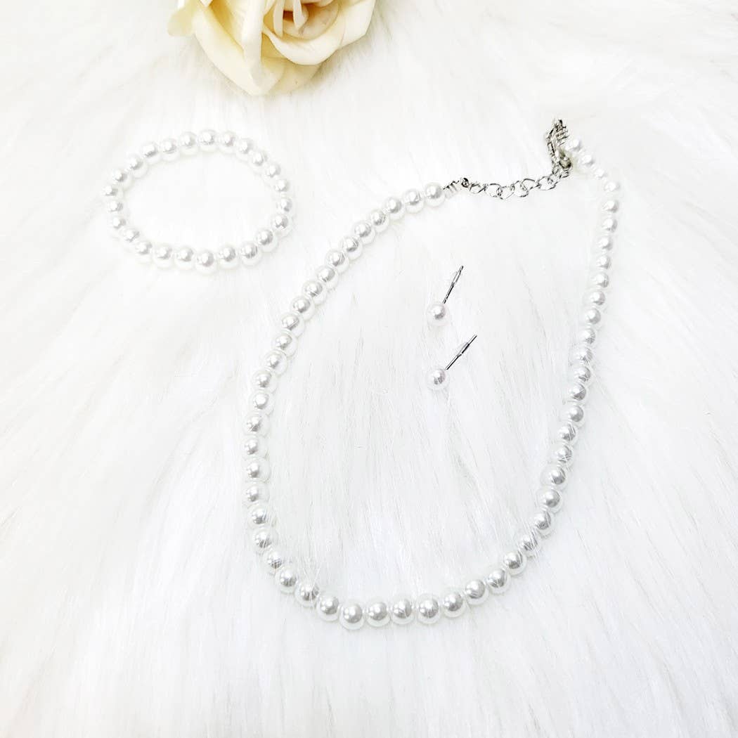 Kids Faux Pearl Necklace Bracelet Earrings Set